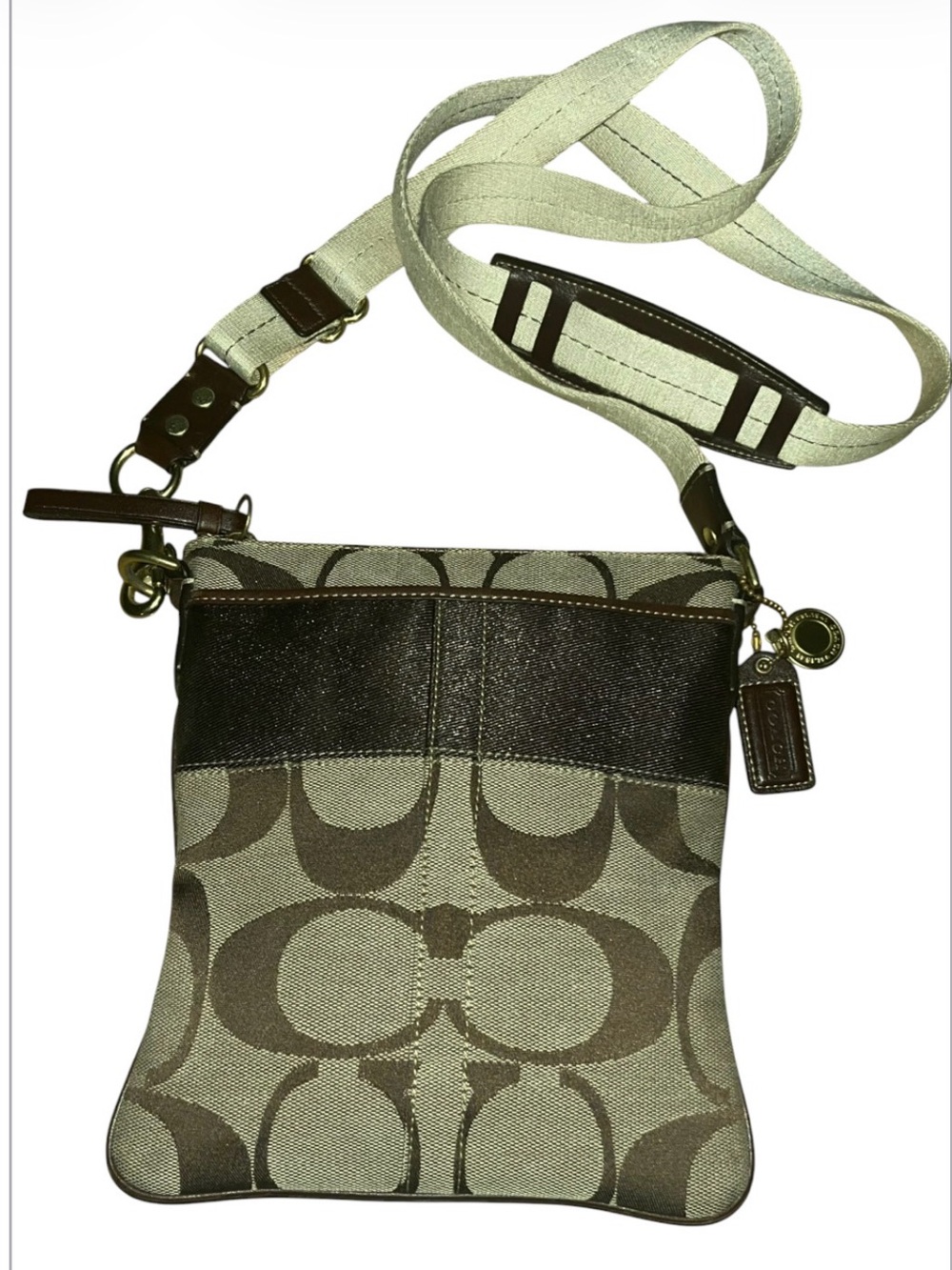 Coach Khaki and Chalk Signature Crossbody Bag with Dark Brown Trim